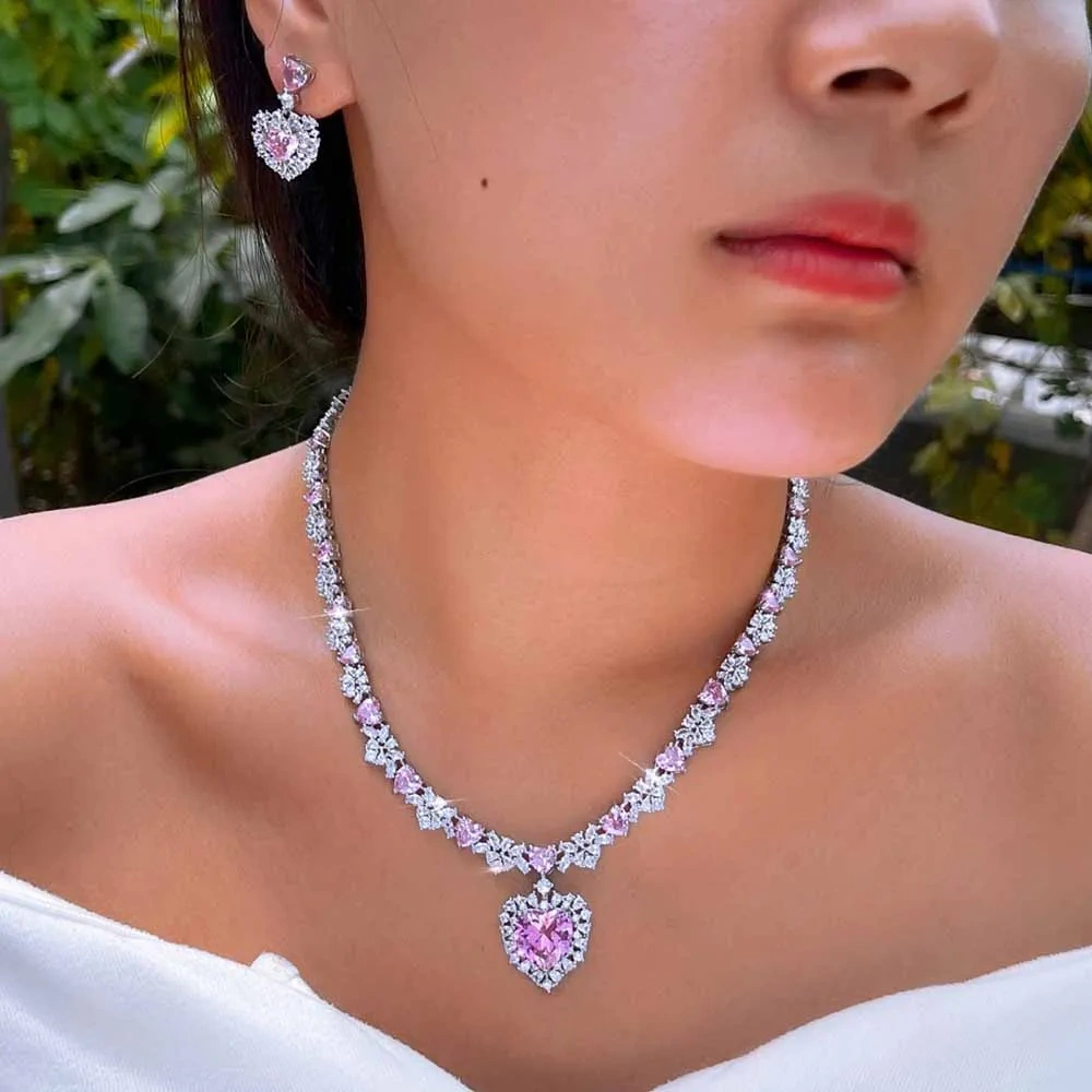 2-Piece Copper Jewelry Set Luxurious Romantic Pink Cubic Zirconia Heart Pendant Necklace Earrings Set Women's Wedding Party Banquet Jewelry