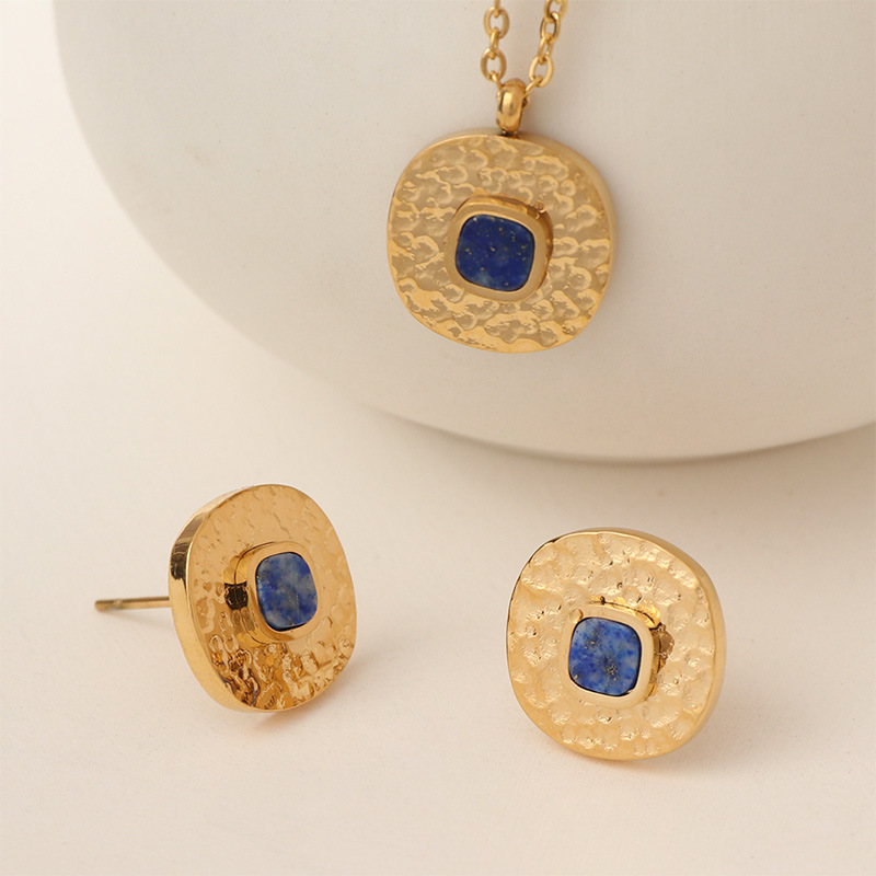 Natural Stone Jewelry Set Hammered Square Earrings For Women Summer High-end Non-fading Accessories Stainless Steel Material