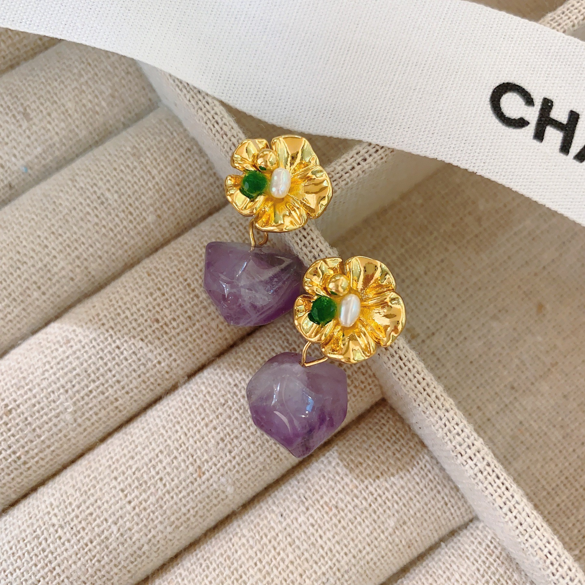 Retro Purple Crystal Stone Earrings Bohemian Style Floral Print Vintage Feelings Women's Jewelry Accessories Ear Cares