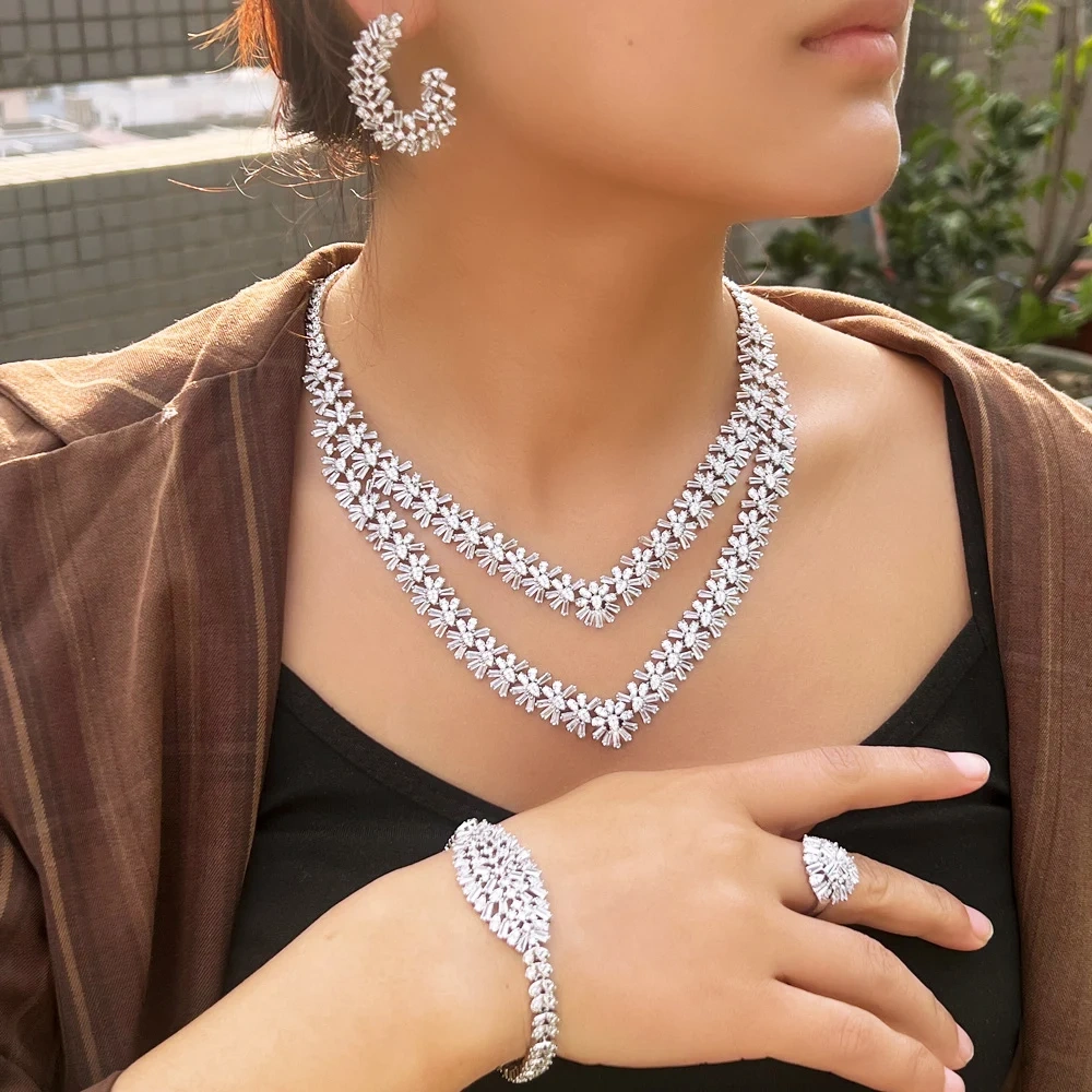 Copper Material Water Plated Rhodium White Gold Inlaid Zircon Snowflake Shape Women's Banquet Jewelry Four-Piece Jewelry Set Tennis Chain (Full Diamond Chain)