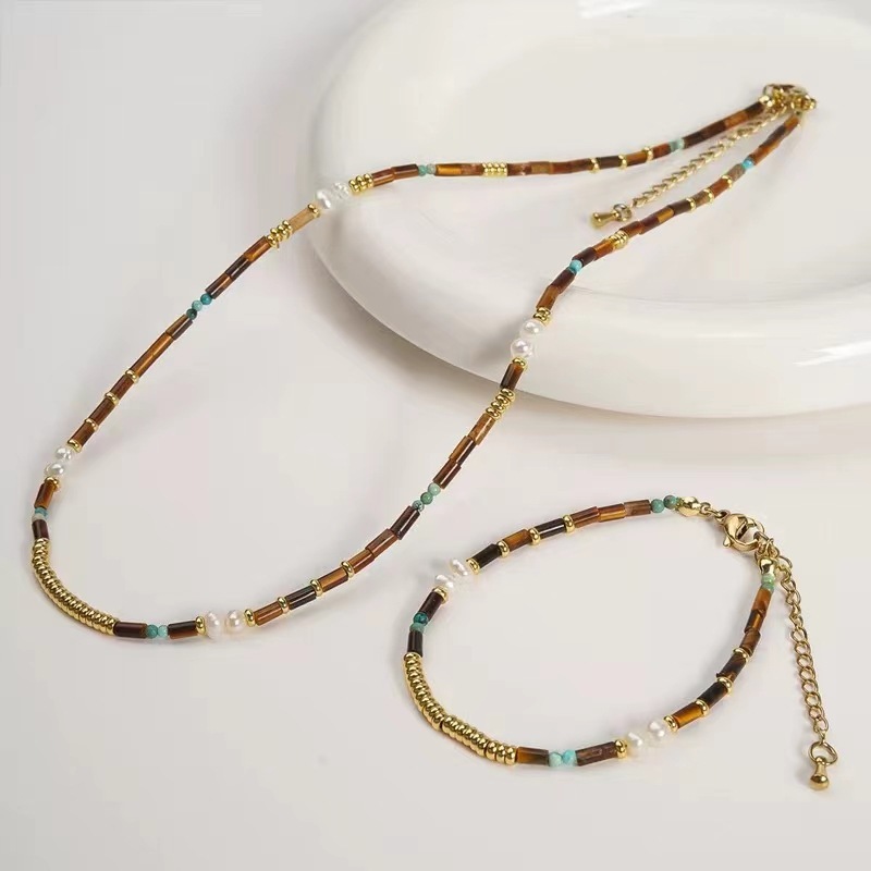 Tiger Eye Pearl Necklace Set Women's New  Baroque Style Natural Stone Irregular Shape Chinese Traditional Jewelry Accessories