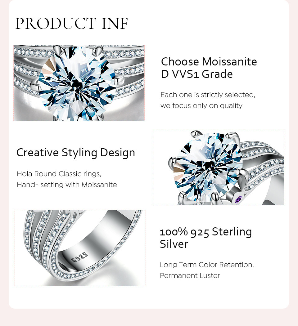6 Claws Moissanite 925 Sterling Silver Rings Round Long-Lasting Plated White Gold Plated Rings