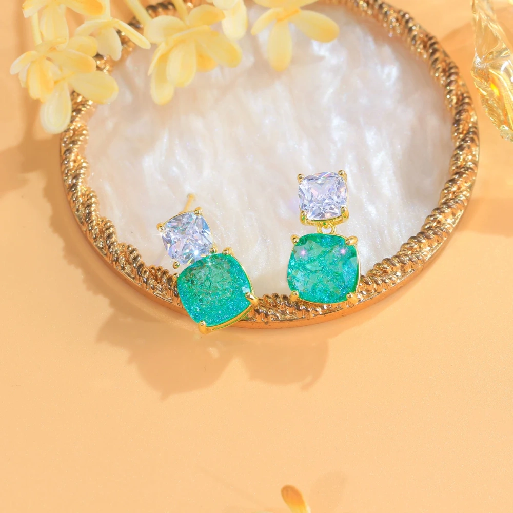 Copper Style Stud Earrings Dazzling White Green Crushed Ice Color Cubic Zirconia Crystal Square Dangle Earrings Fashion Women Party Jewelry Accessories