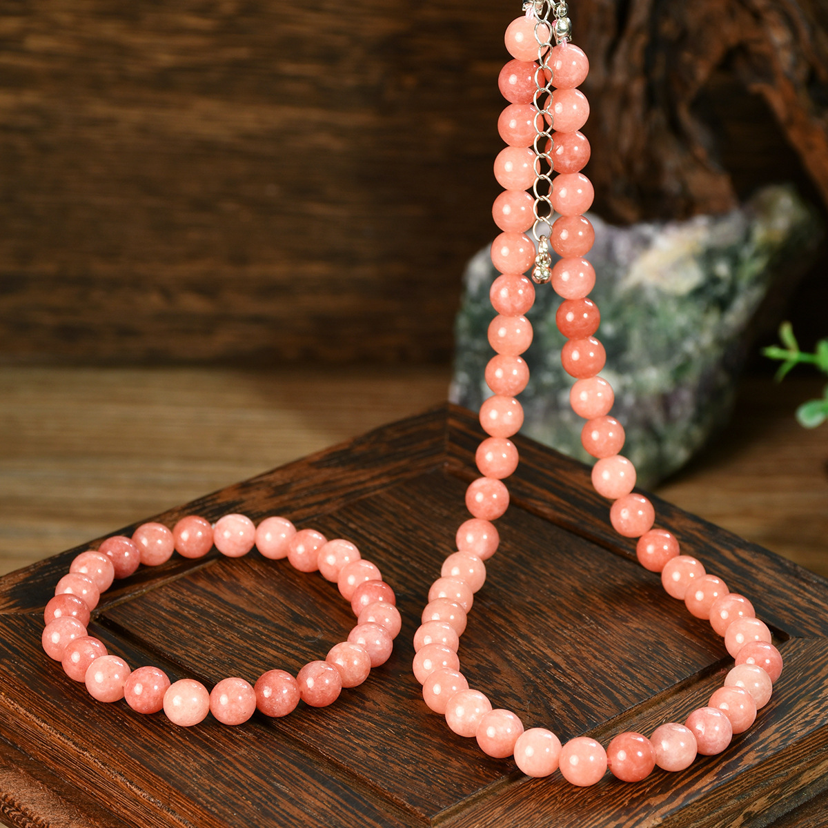 Elegant Vintage Pink Sunstone Bracelet Necklace Set For Women Natural Stone Jewelry Gift Accessories 8mm Round Design