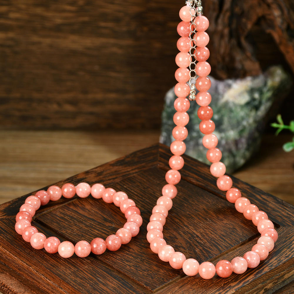 Elegant Vintage Pink Sunstone Bracelet Necklace Set For Women Natural Stone Jewelry Gift Accessories 8mm Round Design