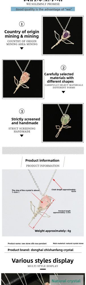 Handmade Silver Thread Pendant Natural Crystal Raw Stone Rose Shape Necklace Jewelry Accessories Factory Geometric Pattern Polished Rhodium Plated