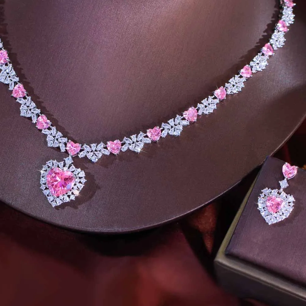 2-Piece Copper Jewelry Set Luxurious Romantic Pink Cubic Zirconia Heart Pendant Necklace Earrings Set Women's Wedding Party Banquet Jewelry