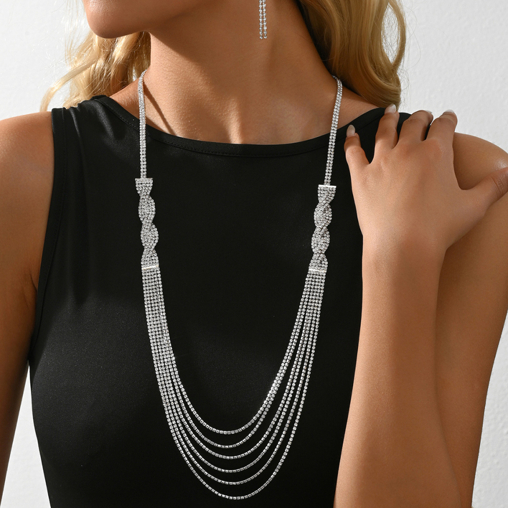 2-Piece Copper Inlaid Rhinestone Vintage Light Luxury Sparkling Tassel Necklace Chain Earrings Women's Banquet Party Jewelry Accessories