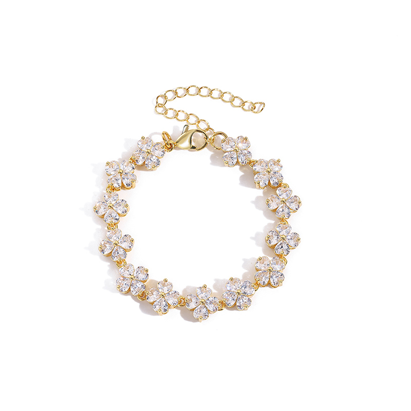 Adjustable Copper Plated 18K Gold Zircon Heart Four Leaf Clover Bracelet Elegant Luxury Artistic Style For Women Men Couples Friends