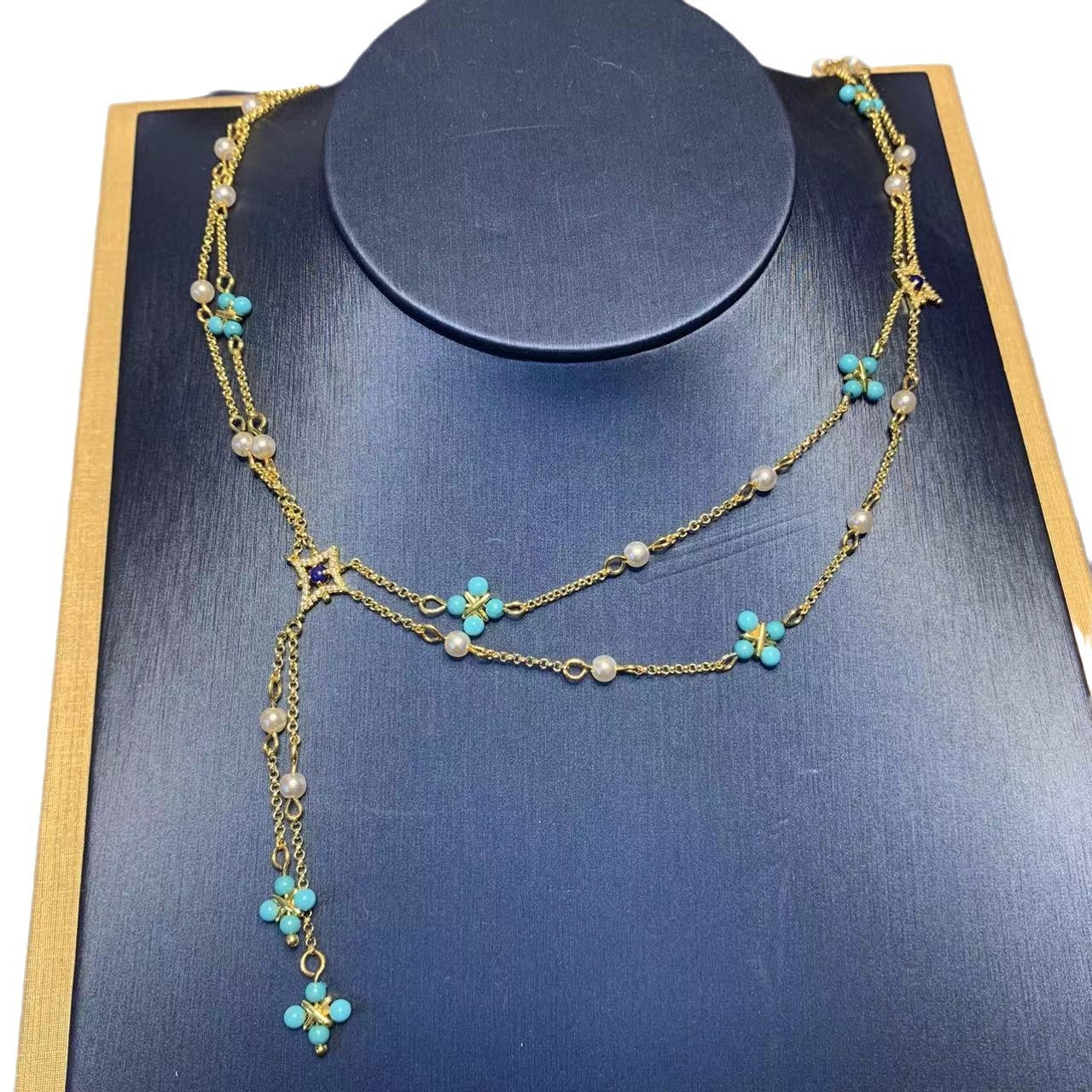 Elegant Green Turquoise Pearl Necklace For Women With Four Leaf Clover Tassel Clavicle Chain Simple Geometric Design Jewelry