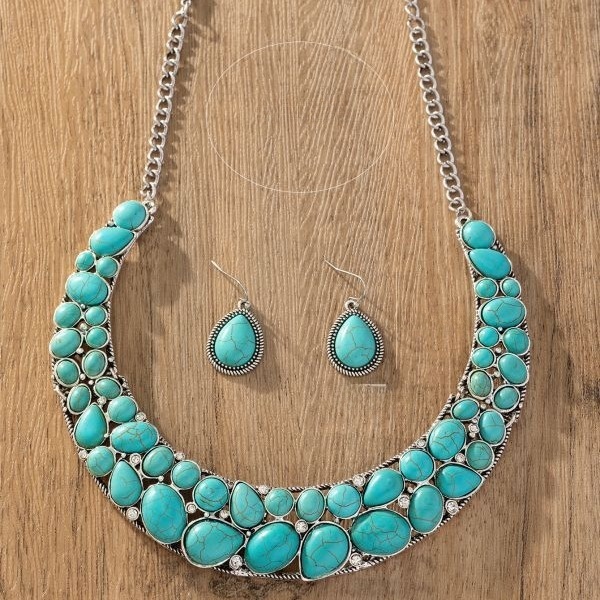 Vintage Western Style Necklace And Earring Set Green Turquoise White Gold Plated Water Drop Choker Bracelet European And American New Fashion Accessories