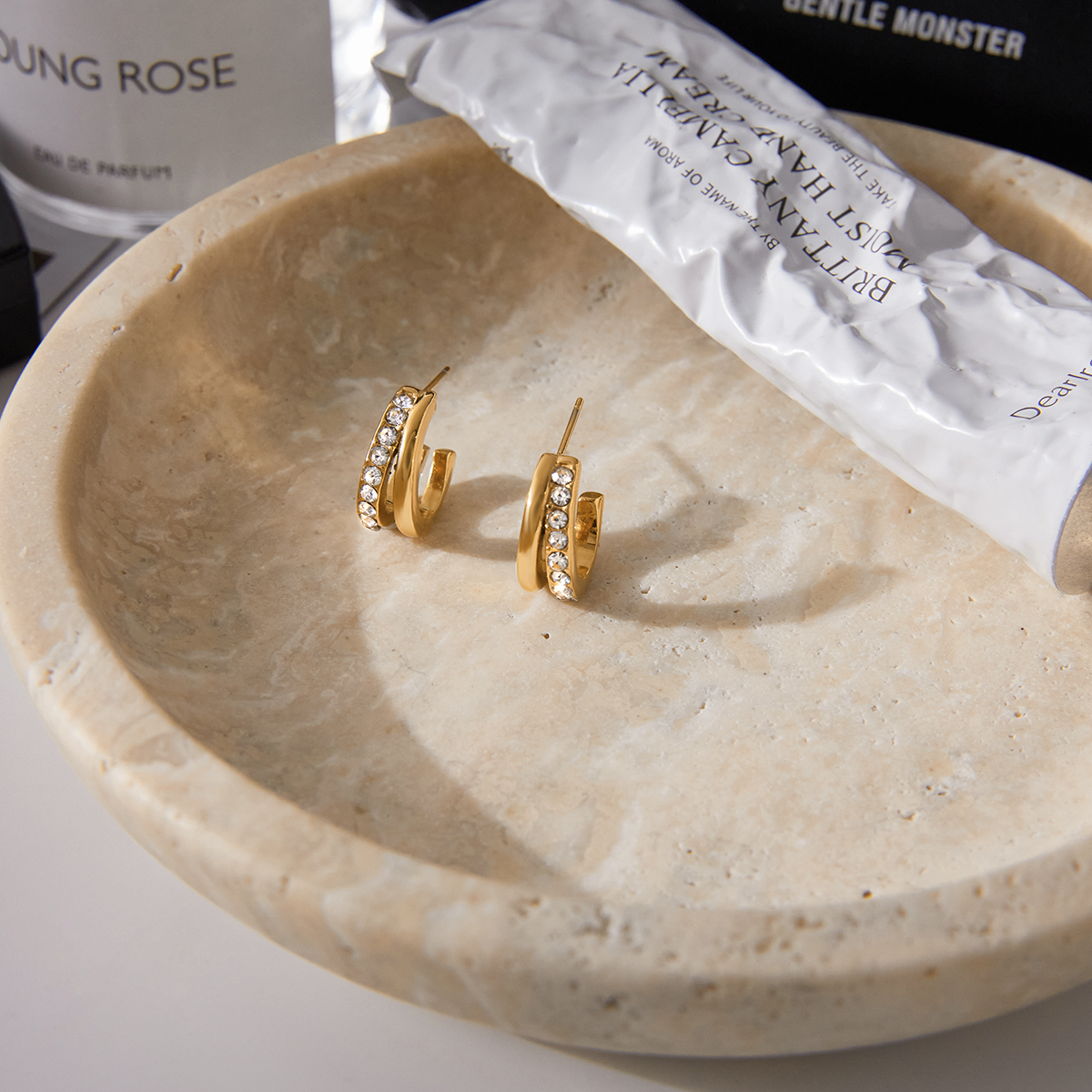 Women's Classic Style 18K Gold Stainless Steel + Zircon White Zircon Double Layer Hollow C Hoop Earrings Pair