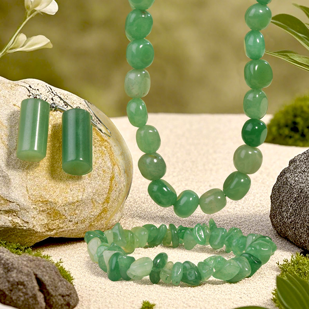 Chinese Style Natural Stone Crystal Beaded Necklace Women's Jewelry Set Green Dongling Earrings Bracelet Geometric Pattern Fashion Accessories