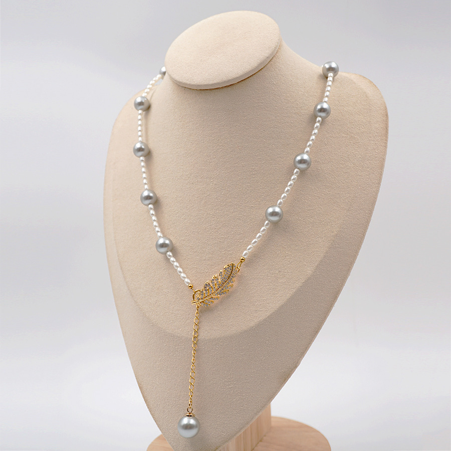 Grey Pearl Feather Y-Shape Sweater Chain Asymmetrical Multi-Ways Long Necklace Women's Fashion Accessories Handmade Craft
