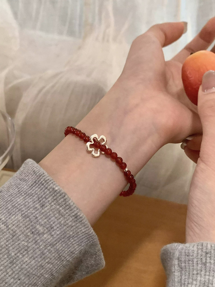 925 Sterling Silver Silver Handmade Red Agate Flower Bracelet Bohemian Elastic Cord New Year Natural Accessories