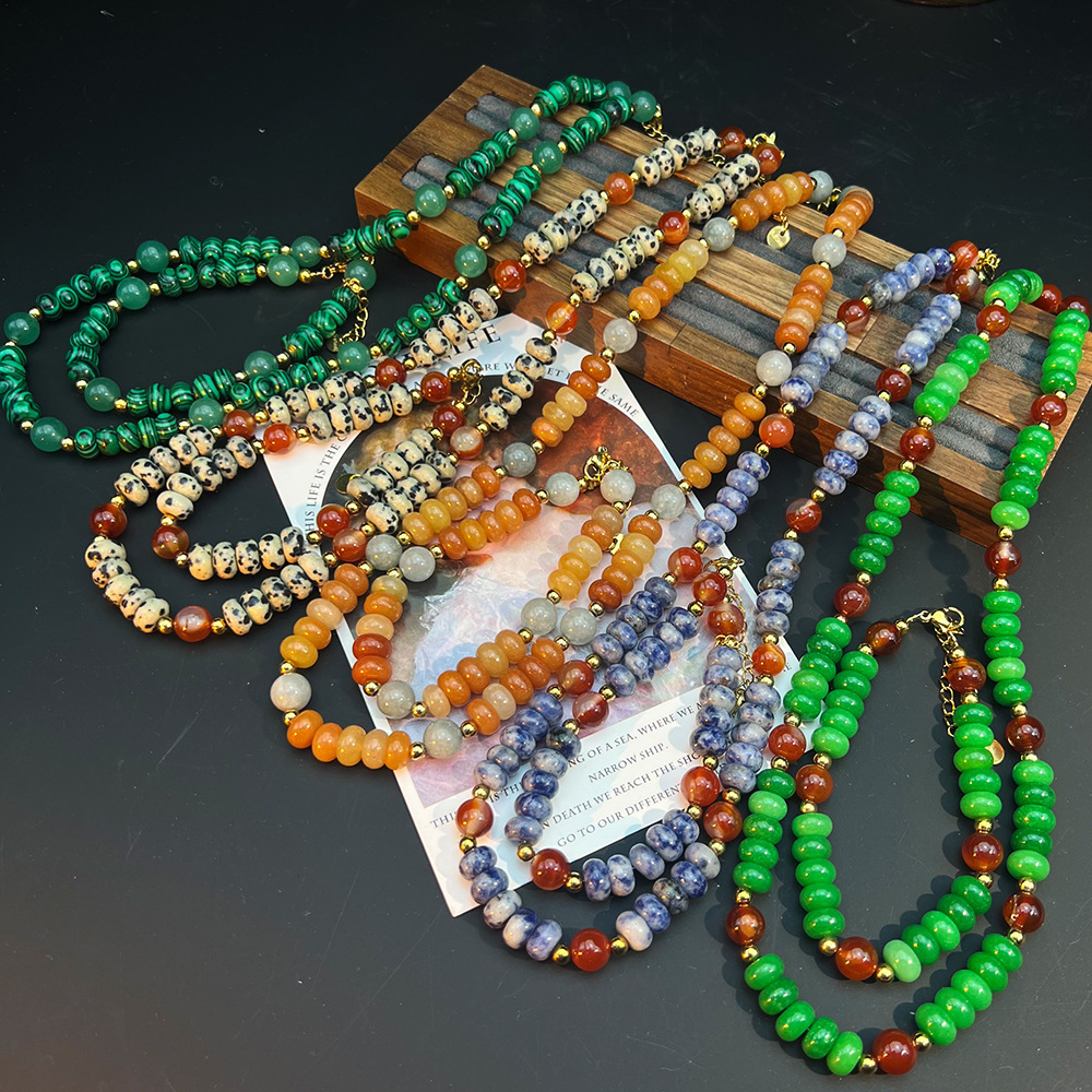 Natural Gold Thread Agate Stone Dots Jewelry Set Vintage Money Style High End Necklace Bracelet Women's Fashion Accessories