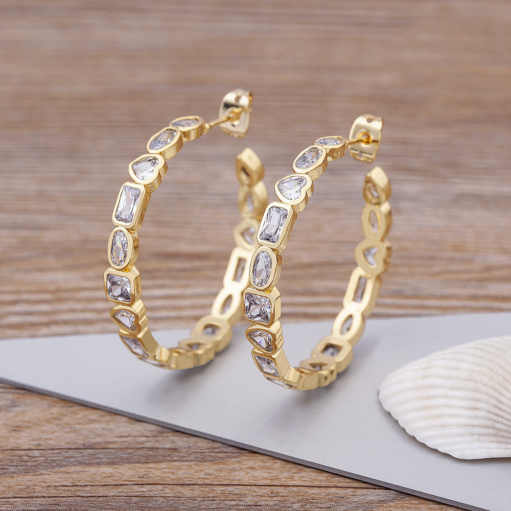True Gold Plated Copper Heart Square Geometric Micro Paved Zirconia Large Earrings New Style Fashion Jewelry Accessories