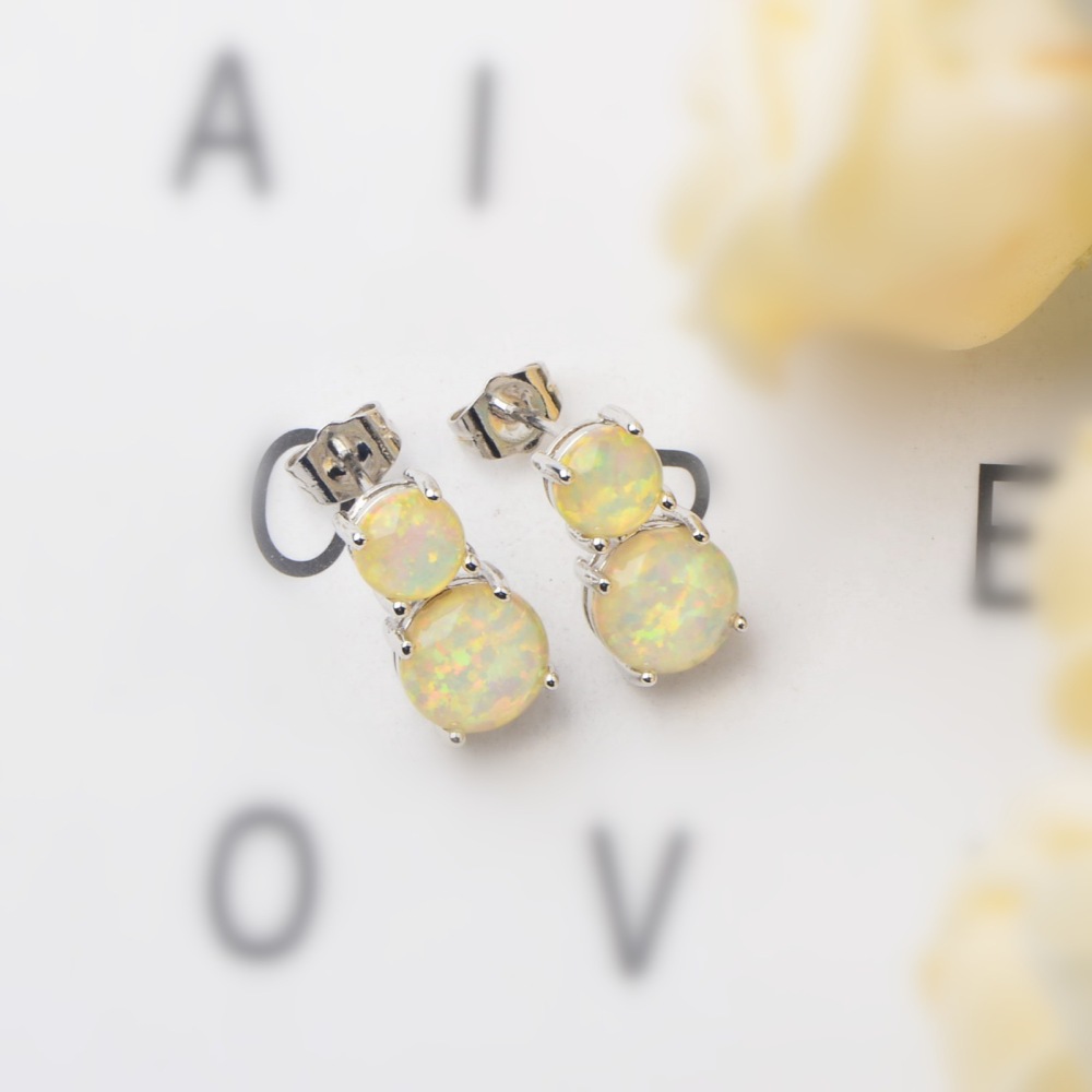 Cute Girl's Blue Opal Round Earrings Bohemian Style Flower Print Copper Jewelry Simple Craftsmanship Elegant Fashion Accessories