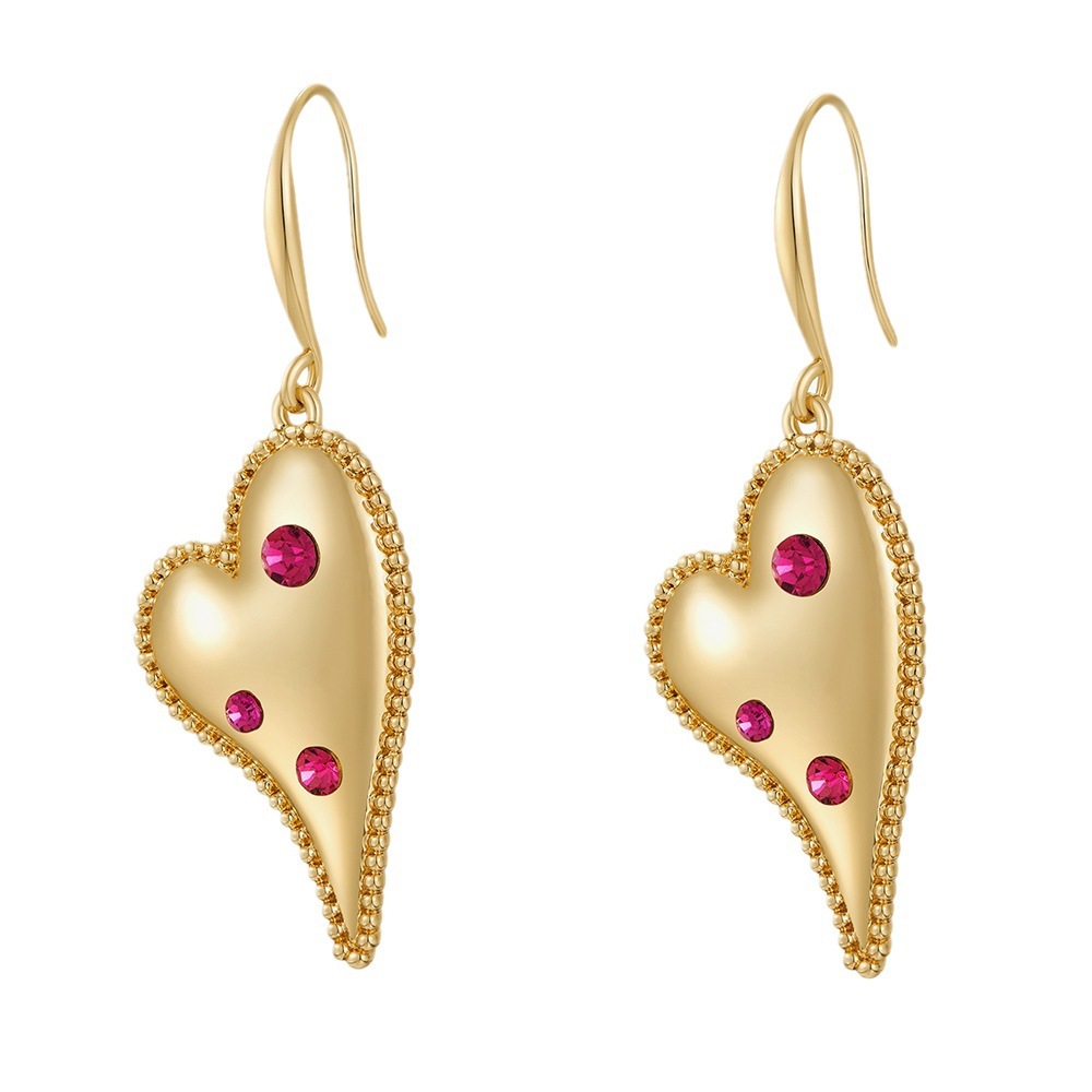 Red Heart Diamond Embedded Pendant Earrings Luxury Trendy Drop Ear Jewelry Geometric Pattern Simple Style For Women