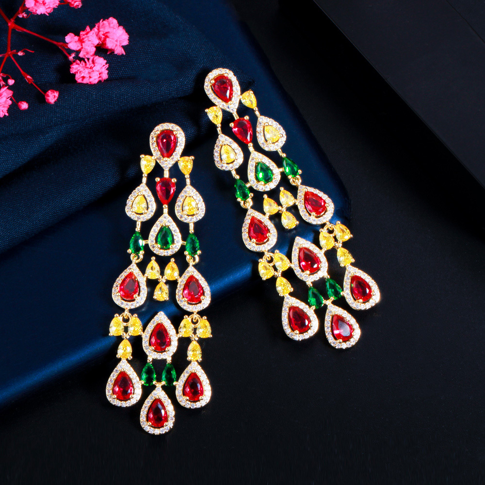 1 Pair Copper Style Earrings S925 Silver Needle Micro Inlaid Cubic Zirconia Stone Earrings Colorful Long Tassel Earrings  Fashion Show Banquet Dress Accessories Suitable For Women To Wear On Dates Or Banquets