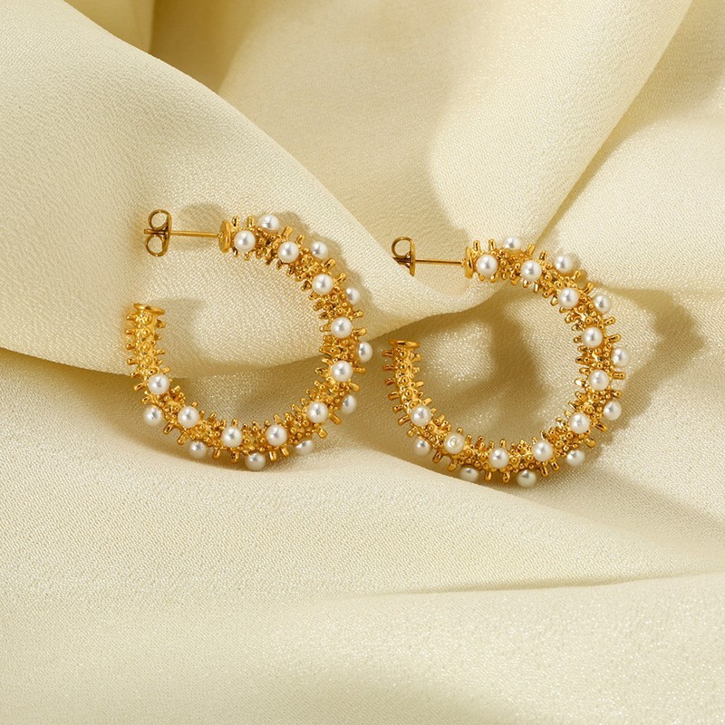 Exaggerated C-Shape Earrings Ins Luxury Bead Embedded Gold Plated Stainless Steel Waterproof Women's Jewelry Fashion Accessories