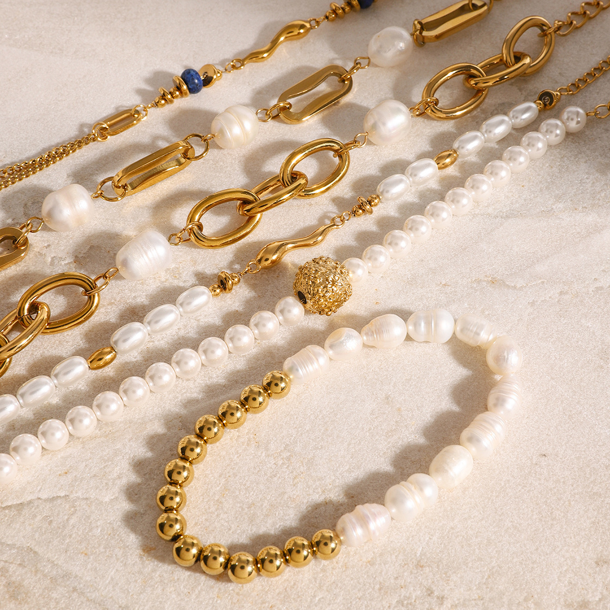 Electroplated (Including Color Retention Layer) Gold-Plated Geometric Pattern 304 Stainless Steel Pearl Bracelet Non-Fading European And American Style High-End Sensual Ins Style Jewelry Accessories