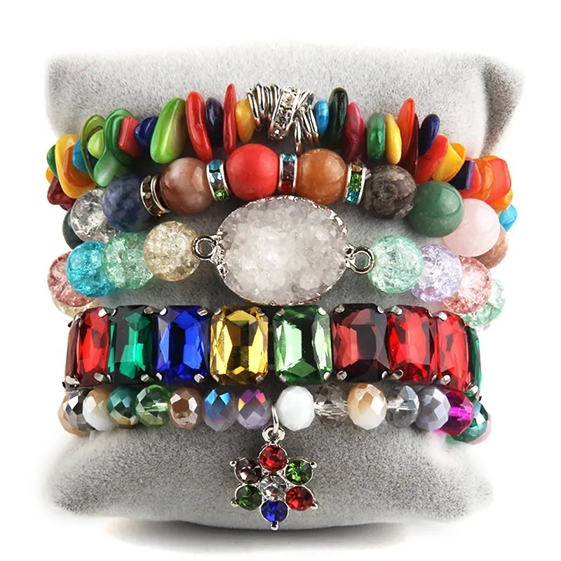 Bohemian Style Elastic Natural Semi-Precious Stone Turquoise Glass Stackable Bracelet Women's Fashion Jewelry Accessories
