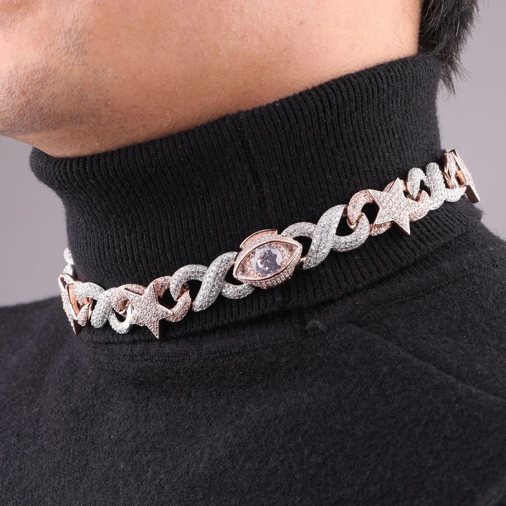 Double Color Cuban Chain Necklace With Zircon Inlayed Copper Star Eye Lockbone Chain Hip Hop Style Unisex Jewelry Accessory