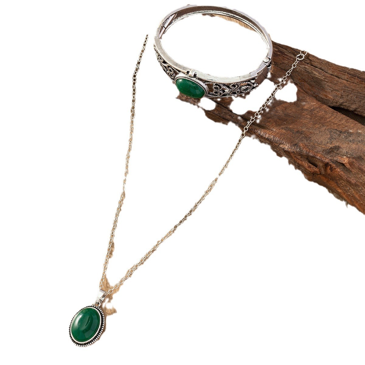 Luxury European And American Natural Gemstone Emerald Jewelry Set Necklace Earrings Ring Bracelet Vintage Alloy Women's Accessories