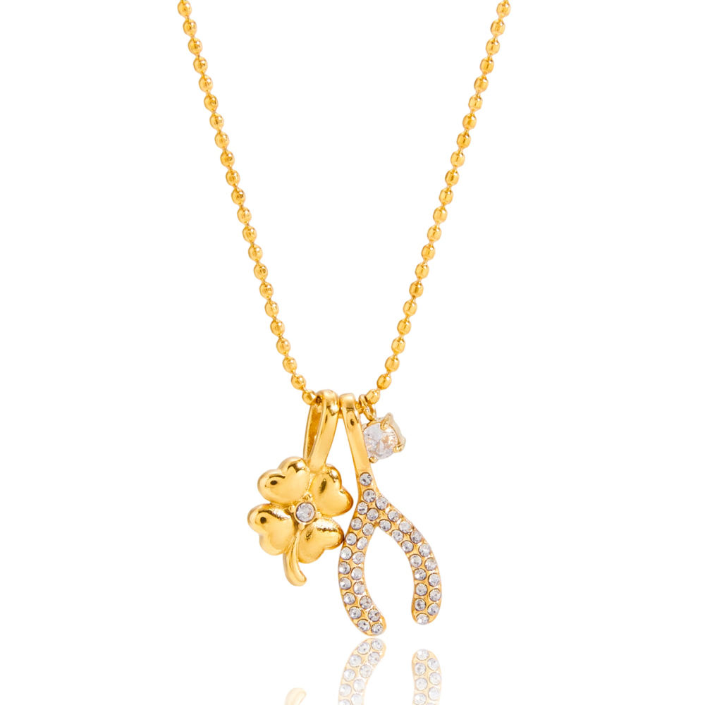 Women's Classic Style 18K Gold Stainless Steel + Zircon White Zircon Four-Leaf Clover + White Zircon Thanksgiving Lucky Wish Bone Y-shaped 3MM Round White Zircon Pendant Bead Chain Necklace 40+5