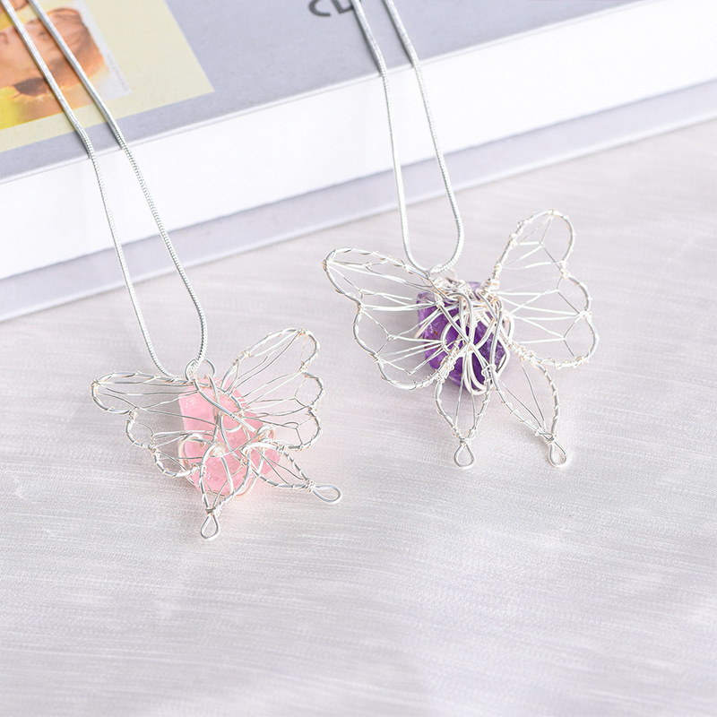 Natural Crystal Raw Stone Butterfly Pendant Necklace Wire Wrapped European And American Pink White Purple Fluorite High-grade Crystal Butterfly Necklace Accessories