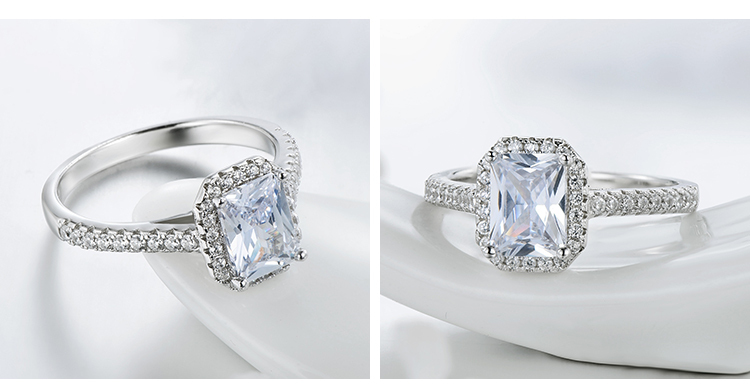 Wedding Engagement 925 Sterling Silver Women'S Zircon Silver Rhodium Plated Rectangle Rings