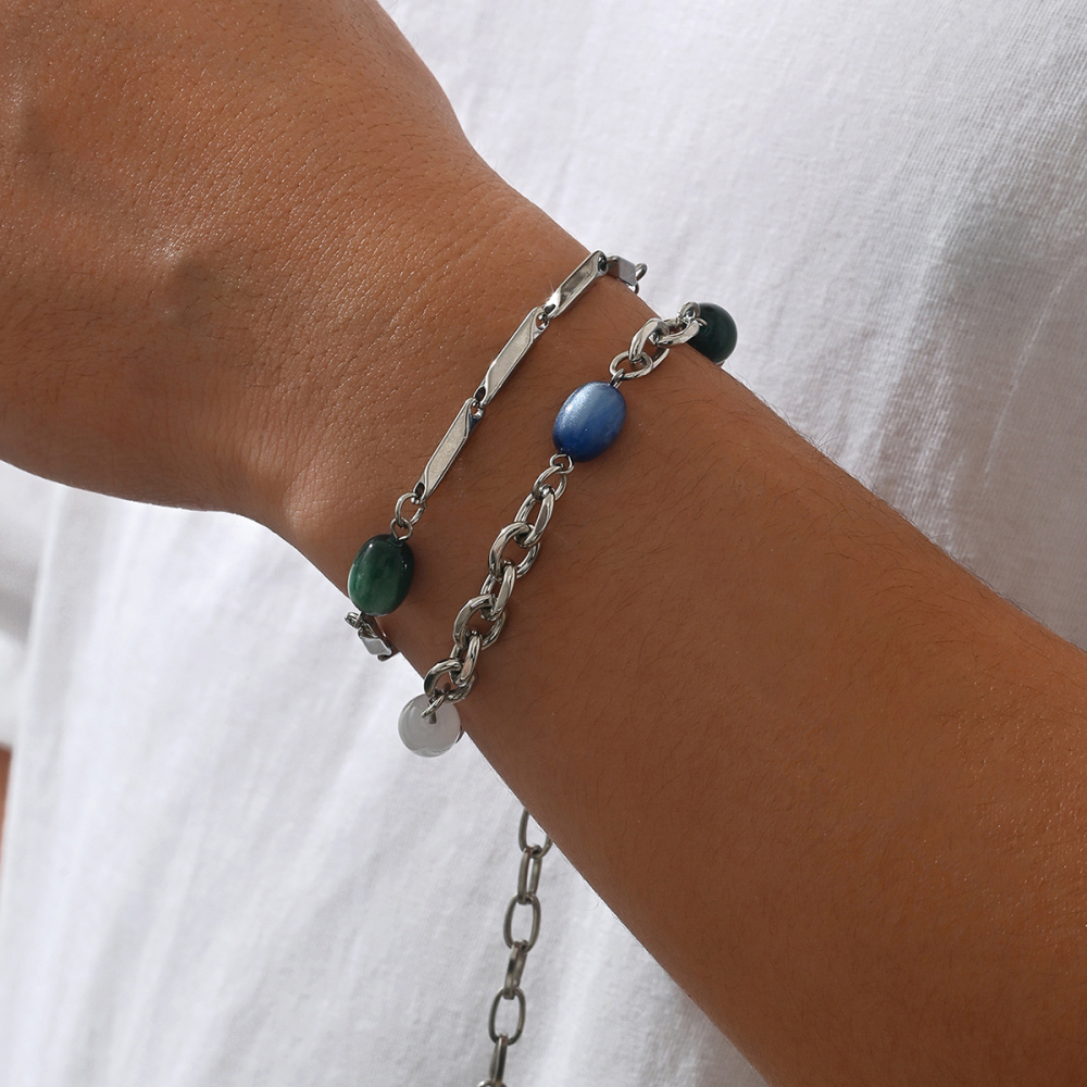 1 Piece 201 Stainless Steel Multicolor Stone Splicing Metal Chain Unisex Couple Bracelet Suitable For Couples, Best Friends, Parties, Gatherings, Vacations Jewelry Accessories