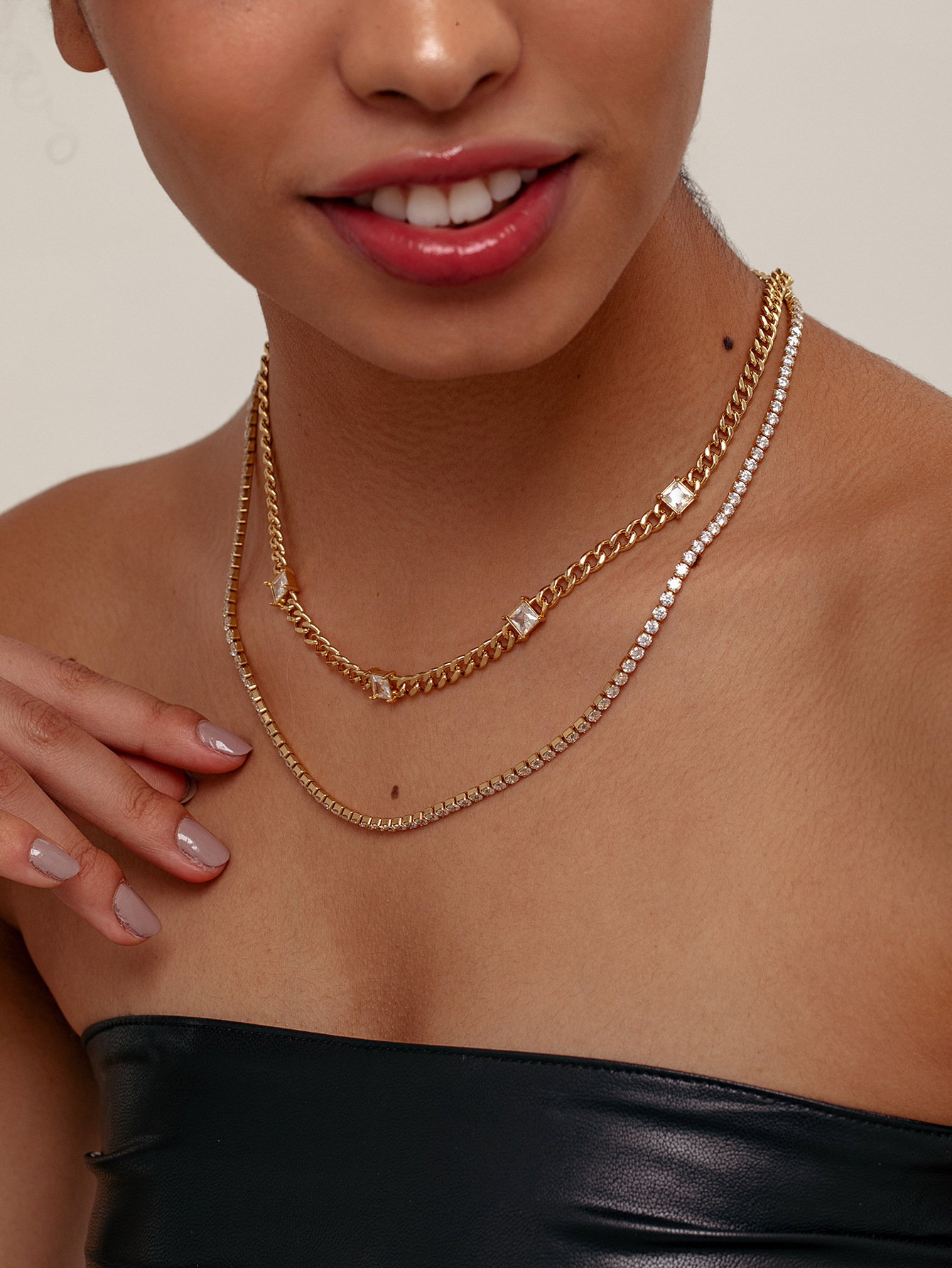 Double Layer Necklace Elegant Cuban Chain Zircon Necklace Versatile Fashionable Women's Party Commuting Accessories