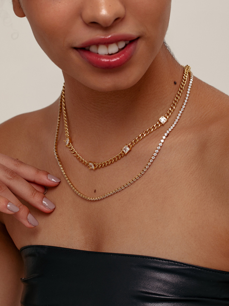 Double Layer Necklace Elegant Cuban Chain Zircon Necklace Versatile Fashionable Women's Party Commuting Accessories