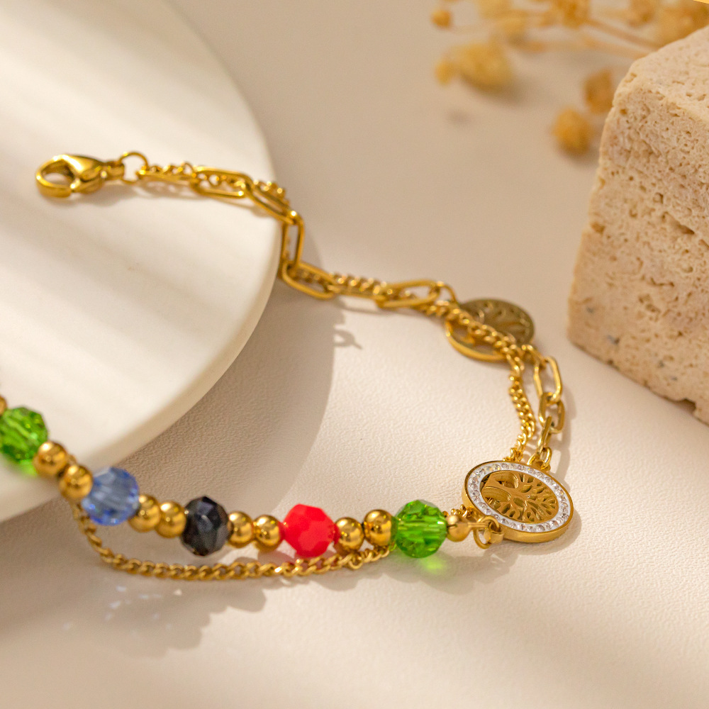 Double Layer Connected Irregular Round Colorful Beads Fashionable Luxury Retro Tree Of Life Bracelet For Women Titanium Steel