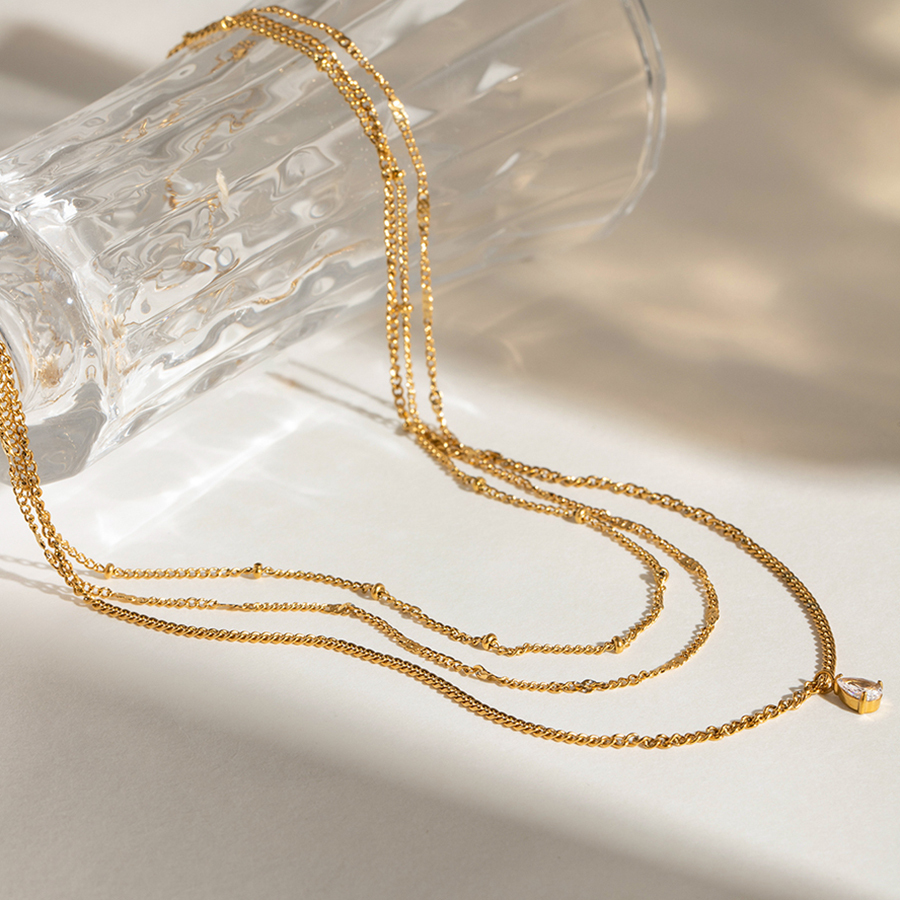 304 Stainless Steel Geometric PVD Coated 18K Real Gold Plated Simple Style Classic Style Cable Chain Three Layer Necklace