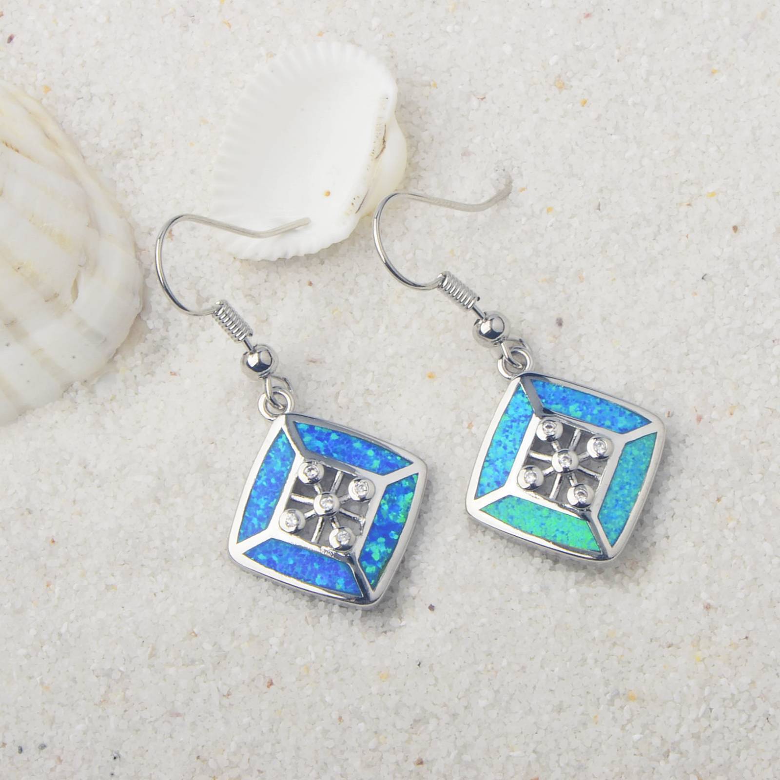 Hawaii Blue Women's Opal Earrings Simple Diamond Shape TikTok Ins European Style Jewelry Accessories Geometric Pattern Copper