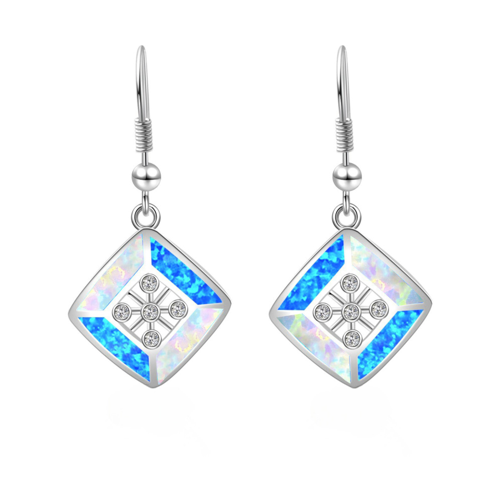 Simple European Style Opal Rhombus Shaped Earrings Fashionable Vacation Theme Copper Material Jewelry Accessories