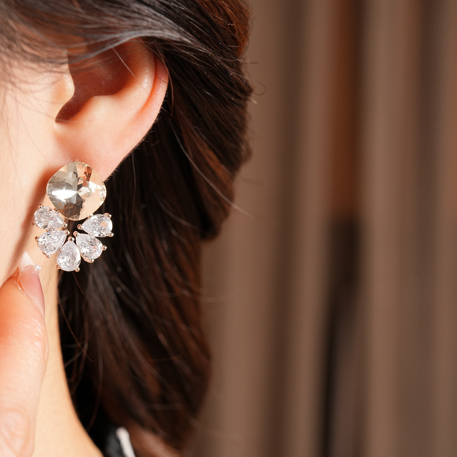Silver Zircon Flower Water Drop Earrings Simple Iron Post Women's Jewelry Accessories