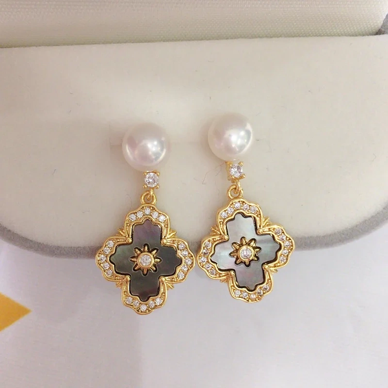 Natural Fresh Water Pearl Earrings Women's French Royal Style Cross Pearl Stud Earrings Natural Sea Shell Fritillary Inlaid