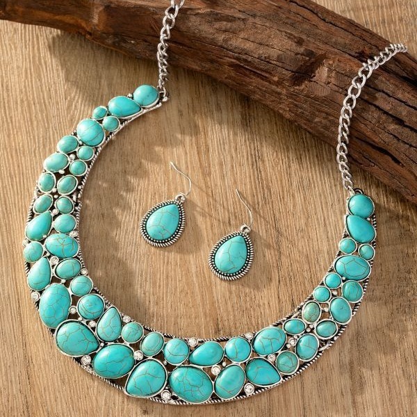 Vintage Western Style Necklace And Earring Set Green Turquoise White Gold Plated Water Drop Choker Bracelet European And American New Fashion Accessories