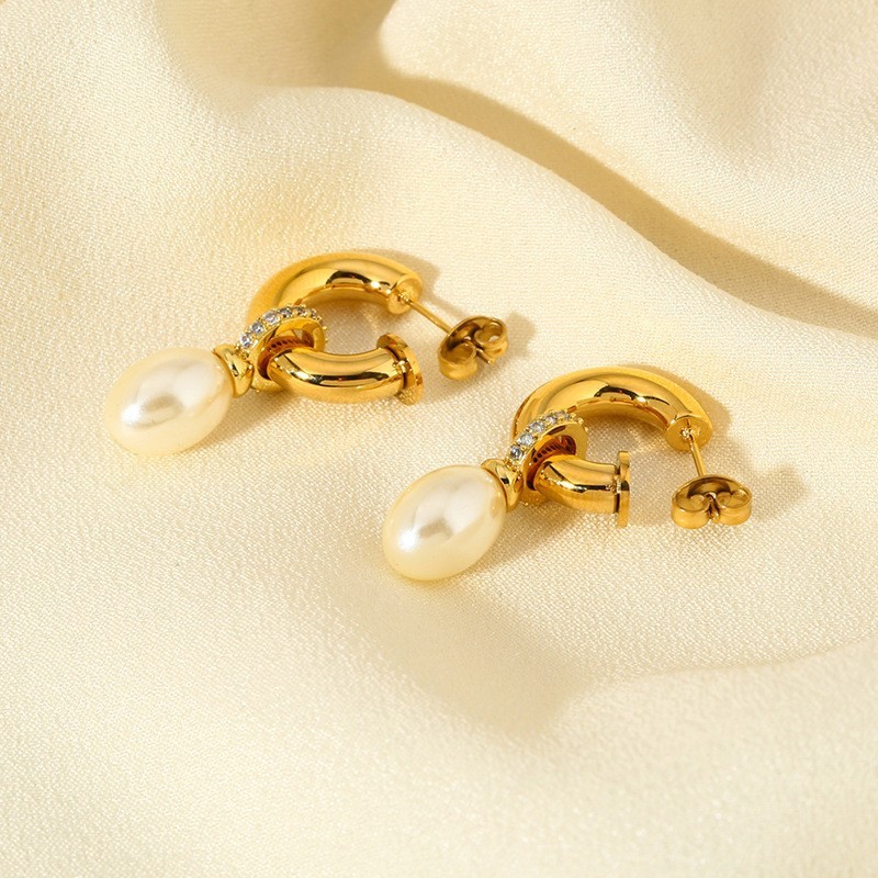 Elegant Waterproof Stainless Steel Pearl Tassel Earrings With Embedded Zirconia Stones 18K Gold Plated Geometric Pattern Women's Jewelry Accessories