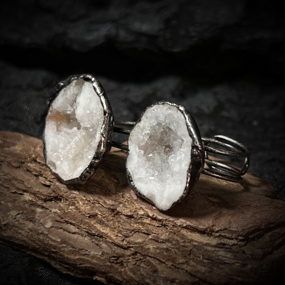 Retro Handmade Adjustable Silver Gold Plated Agate Crystal Ring Open Geometric Unisex Wide Band Jewelry Accessories