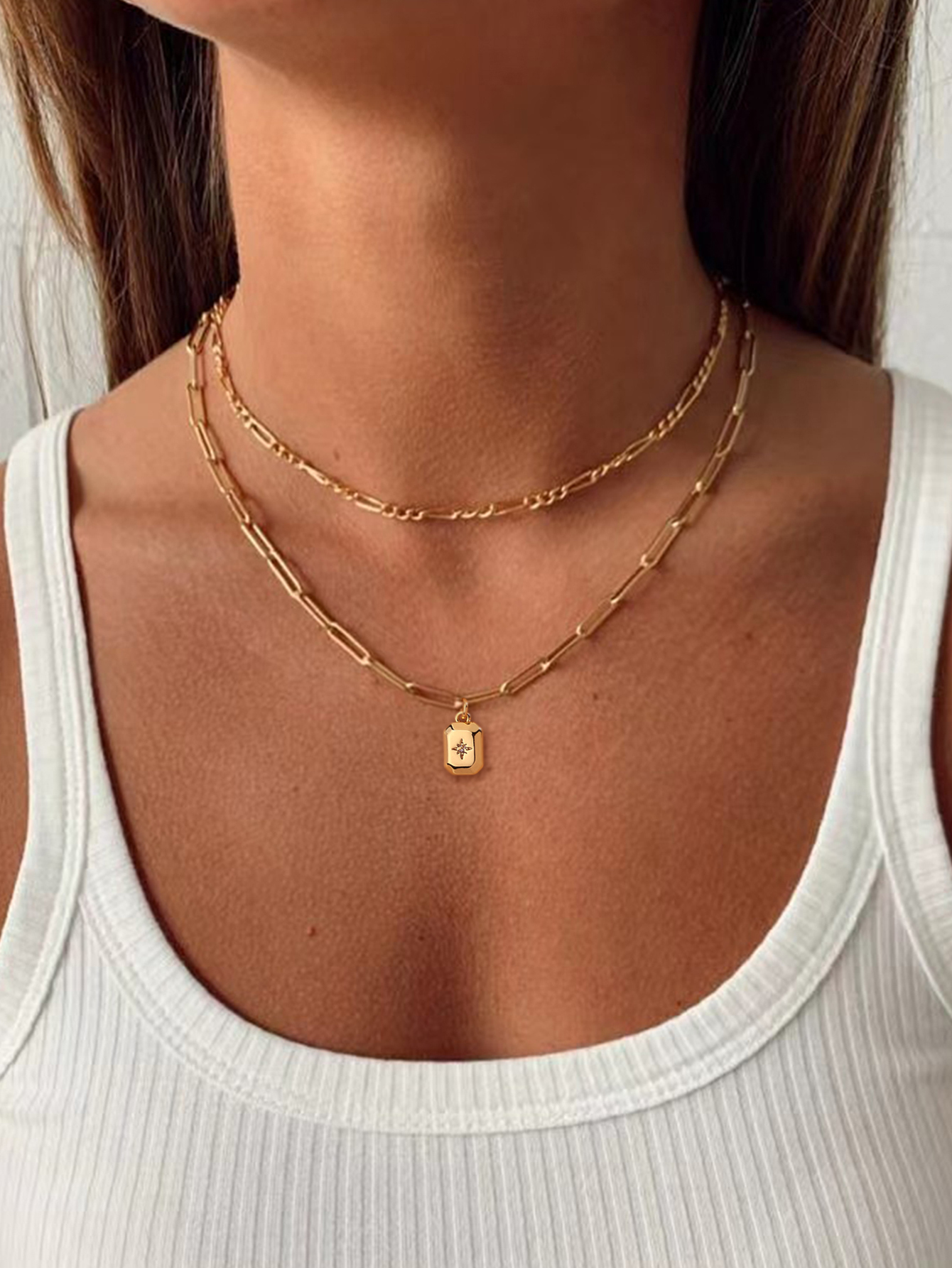 Gift Box Set/3 Pieces - Fashionable Simple Irregular Texture Cuban Paperclip Square Chain And Rectangular Inlaid Shiny Cubic Zirconia Pendant Necklace - 18K Gold Plated Jewelry Accessories Suitable For Women's Daily Wear