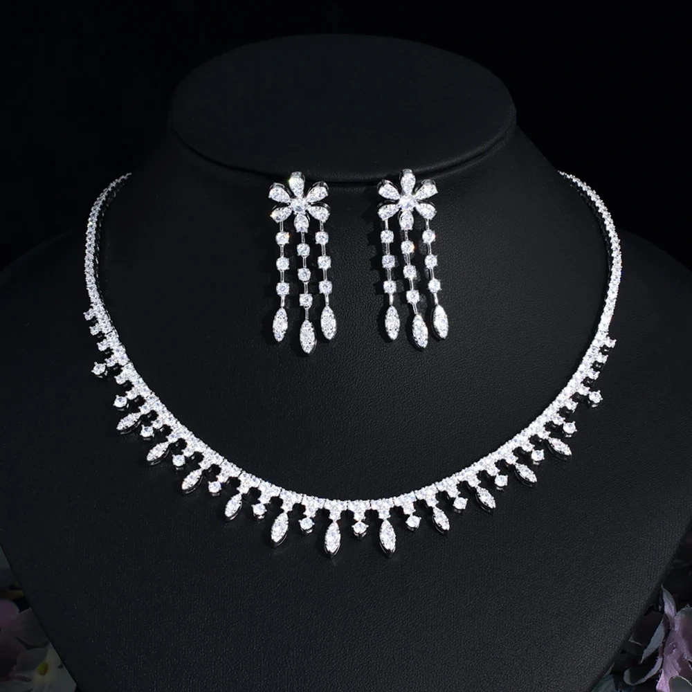 Water Drop Flower Shape White Plated Gold Copper Zircon (Jewelry) Waterproof Non-Fading Safety Buckle Tennis Chain (Full Diamond Chain) Necklace Earring Set Women Two-Piece Set