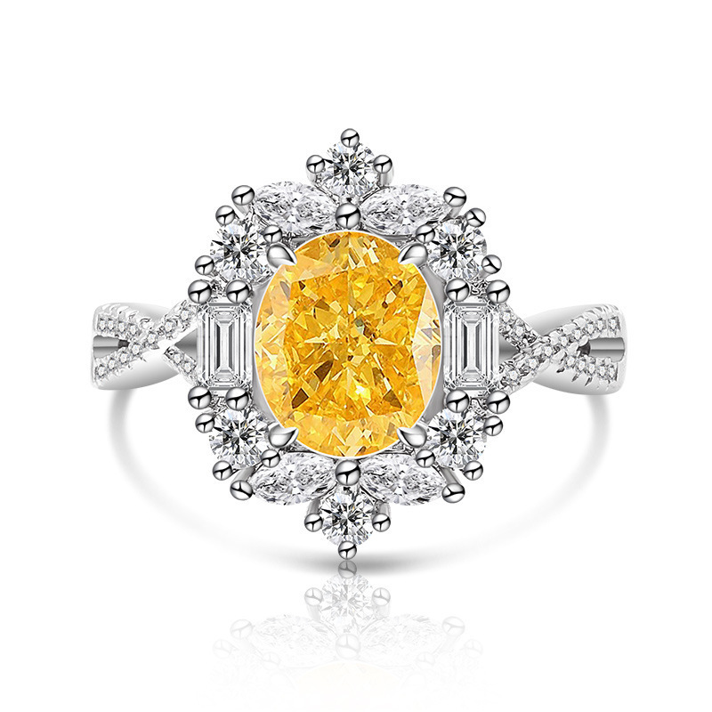 Luxurious High Carbon Diamond 7x9 Pigeon Egg Ice Flower Cut Plated Platinum Ring Fashion Geometric Pattern Live Direct Sale