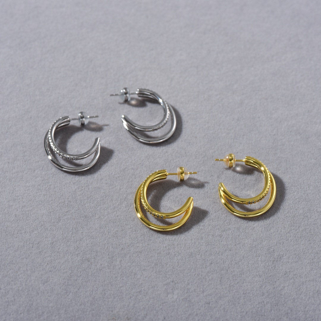 Suitable For Summer Sweet Cool Micro Inlaid Zircon Double Layer Round S925 Silver Needle Earrings For Women Niche Design Classic Versatile Hoop Earrings