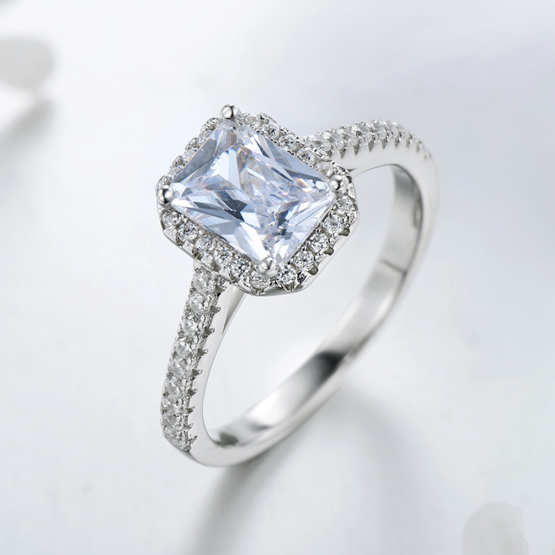 Wedding Engagement 925 Sterling Silver Women'S Zircon Silver Rhodium Plated Rectangle Rings