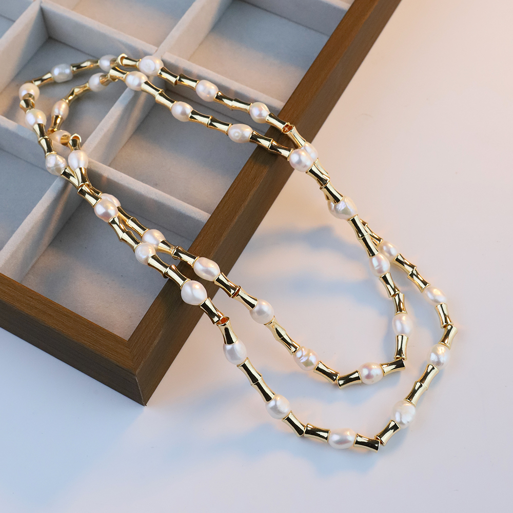 Natural Freshwater Pearl Necklace Bracelet Set Metal Double Layer Bamboo Node High-End Jewelry Accessories For Women